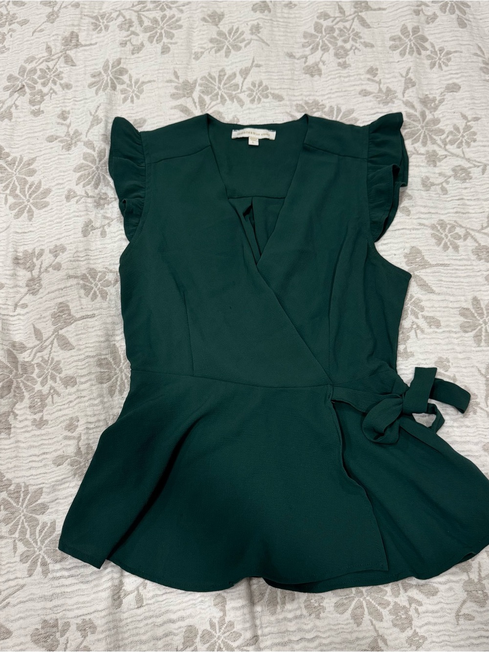 Dark Green Flutter Sleeve Wrap Peplum Top